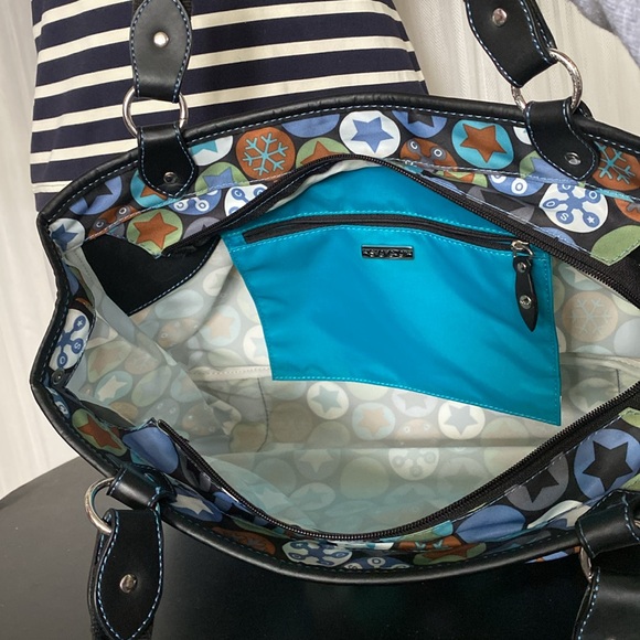 Soco shoulder bag stars, snowflakes ❄️ nylon /black leather! Blue stitching! - Picture 13 of 16